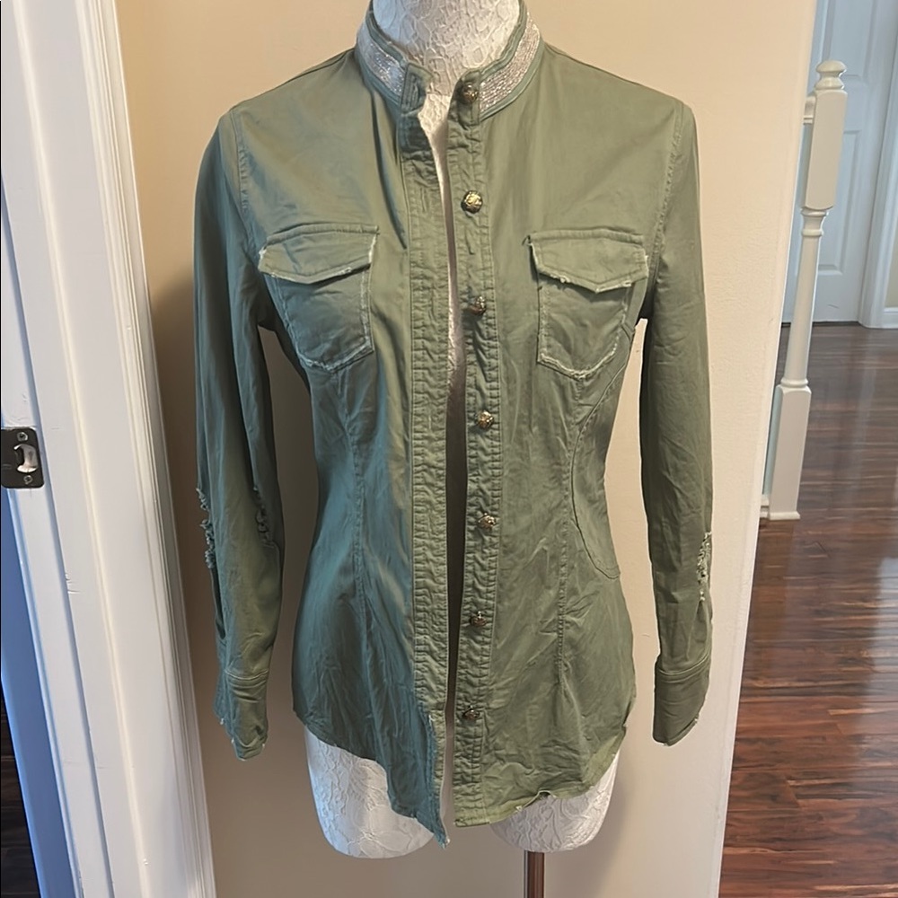 Green military look shirt/Jacket  light Weight Fabric and bling on the collar